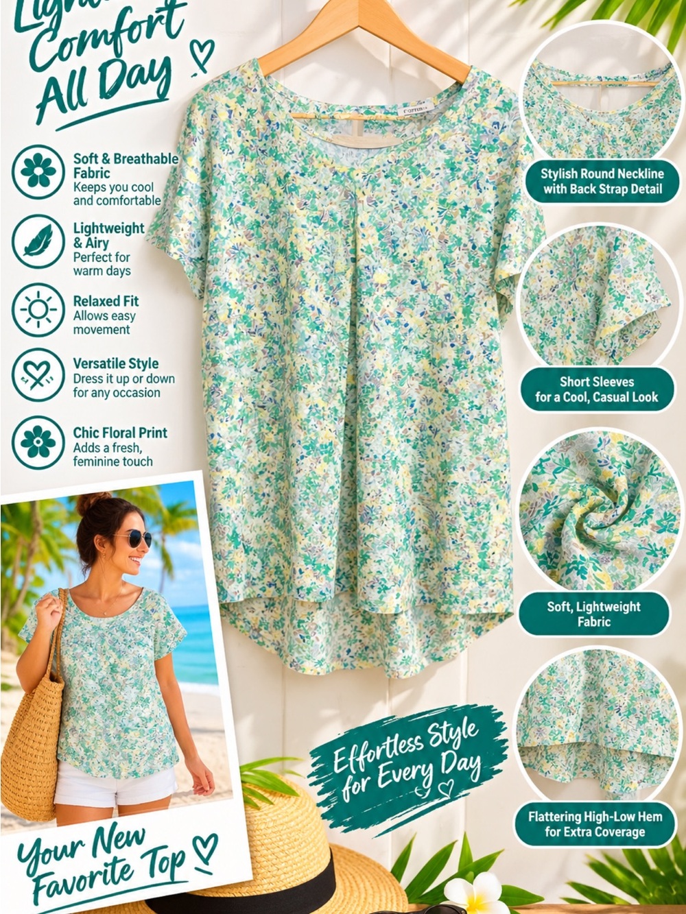 Floral Short-Sleeve Scoop Neck Top - Light Green Floral